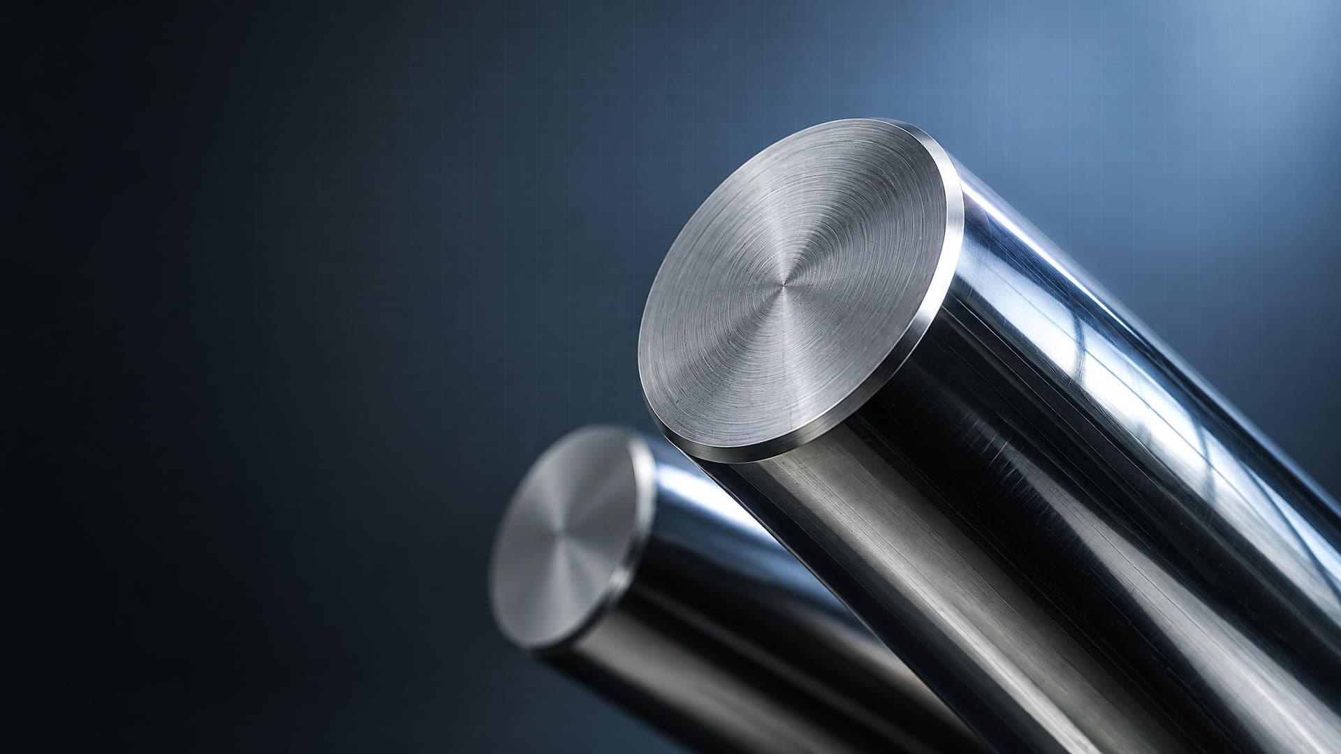 Barra redonda de aço inox polido, com a face de corte em anéis concêntricos refletindo a luz fria